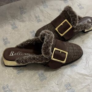 Bellini Brown Fur-Lined Mules with Gold Buckle